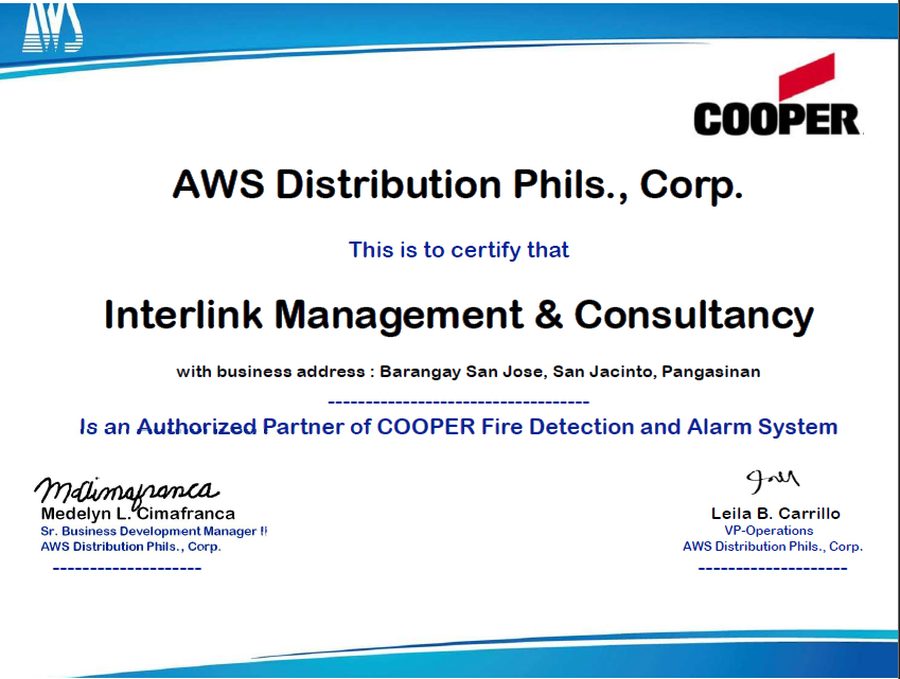 Cooper Fire Detection and Alarm System - Authorized Partner Certificate