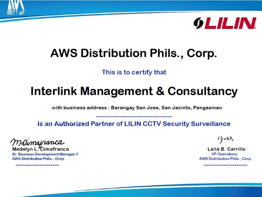 LILIN CCTV Security Surveillance - Authorized Partner Certificate
